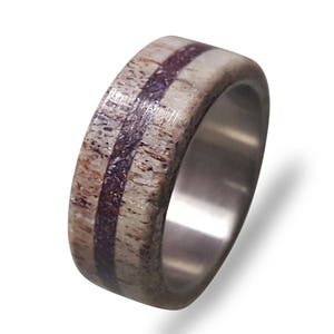 Titanium Ring: Deer Antler & Amethyst Inlay, Handmade Band