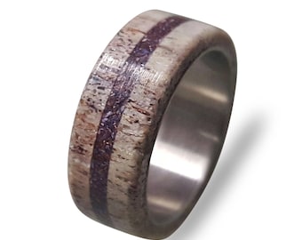 Titanium Ring: Deer Antler & Amethyst Inlay, Handmade Band