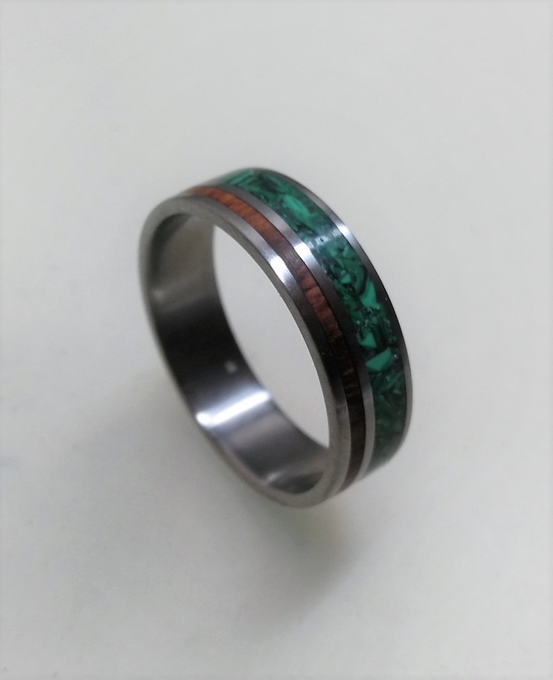 Wooden Wedding Band Engagement Ring Womens Ring Nature Ring Titanium Ring with Malachite and Snake Wood Inlay Mens Band