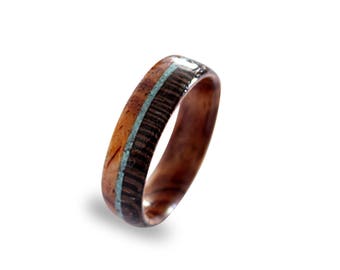 Womens Wood Ring with Turquoise Inlay, Turquoise Ring, Cocobolo Ring with Wenge Wood, Womens Ring, Unique Wedding Band for Her, Wooden Ring