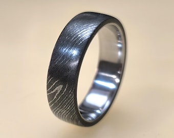 Simple Damascus Steel Wedding Ring on Stainless Steel Band