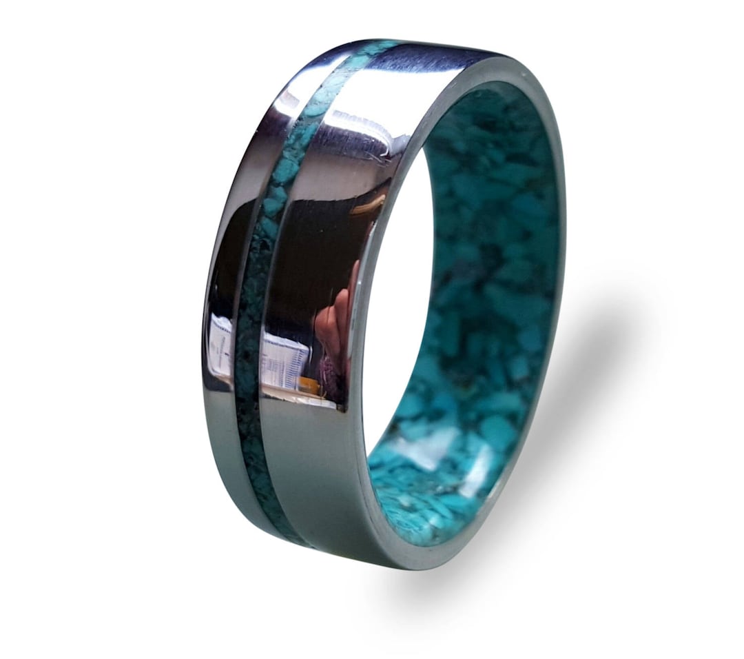Turqoise Inlay Rings Handmade Turquoise Inlay Ring: Stainless Steel Band, Mirror Finish - Etsy