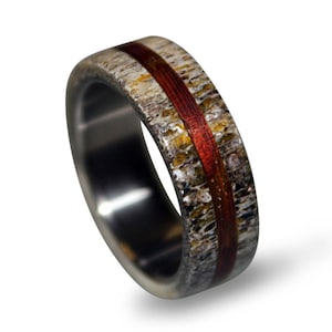 Titanium Ring: Mahogany Wood & Deer Antler Inlay