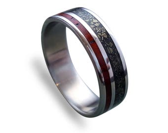 Titanium Wedding Band with Cocobolo Wood and Crushed Pyrite Inlays, Wooden Ring, Mens Engagement Ring, Titanium Wedding Band, Womens Ring