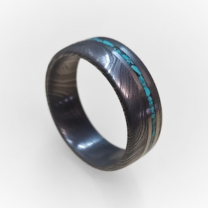 Damascus Wedding Band with Titanium and Turquoise Inlay, Damascus Steel Ring, Mens Ring, Womens Band, Damascus Engagement Ring