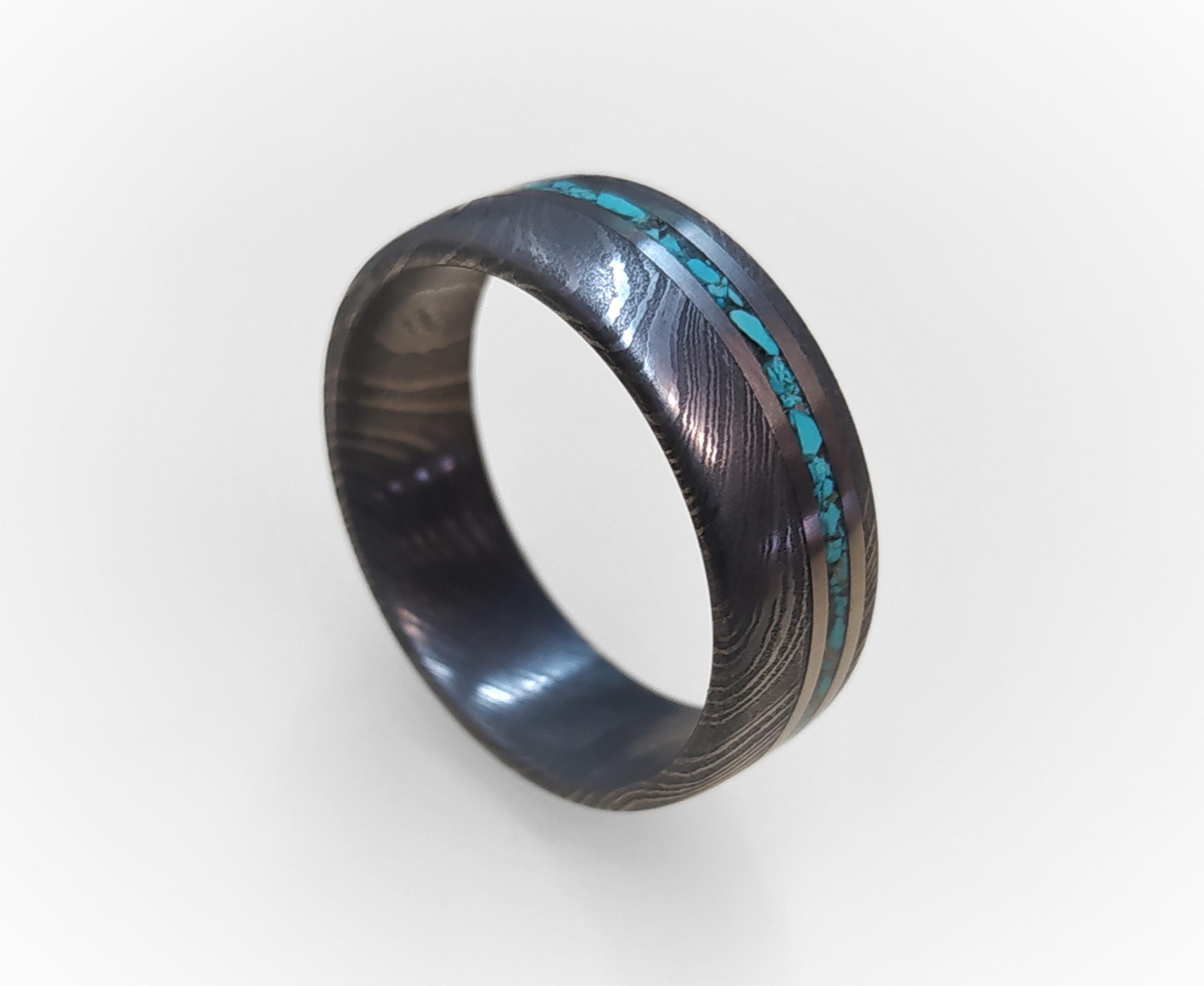 Handcrafted Damascus Ring With Turquoise