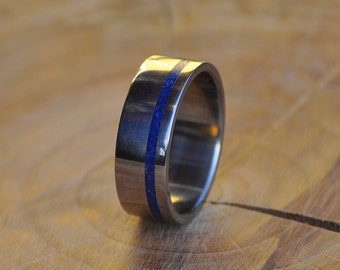 Stainless Steel Ring for Women and Men with Lapis Lazuli Inlay, Wedding Band, Wedding Ring