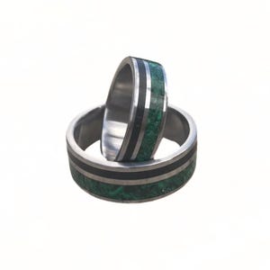 Handmade Titanium Ring Set: Ebony Wood & Malachite Inlay