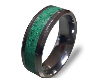 Tungsten Carbide Ring with Glow in the Dark powder and Malachite Inlay, Tungsten Ring, Mens Wedding Band, Mens Ring, Womens Ring, Engagement