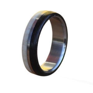 Handcrafted Stainless Steel Ring with Deer Antler and Ebony Wood Inlays