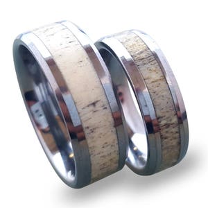 Tungsten Carbide Wedding Band Set: Deer Antler Inlay Rings
