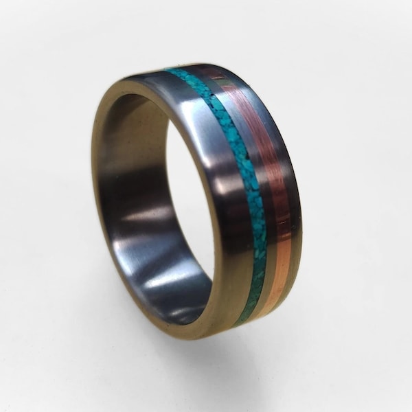 Men's Titanium Ring: Copper & Turquoise Inlay, Unique Wedding Band