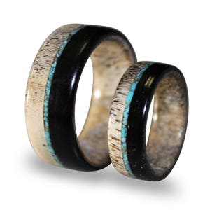 Geweih Eheringe Set: Ebenholz Ringe mit Türkis Inlay
