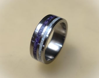 Titanium Ring with Amethyst and Deer Antler Inlay, Men's Women's Wedding Band