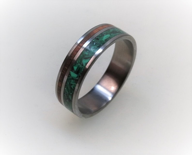 Wooden Wedding Band Engagement Ring Womens Ring Nature Ring Titanium Ring with Malachite and Snake Wood Inlay Mens Band
