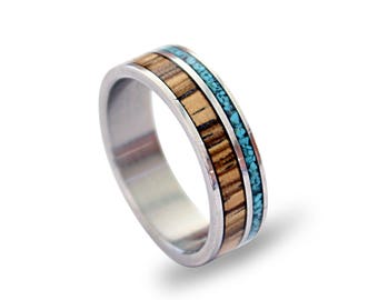 Titanium Ring with Zebrano Wood and Turquoise Inlays, Turquoise Ring, Wooden Band, Wood Ring, Mens Titanium Wedding Band,Mens or Womens Ring