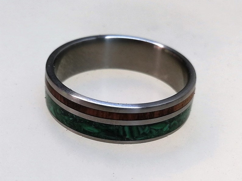 Wooden Wedding Band Engagement Ring Womens Ring Nature Ring Titanium Ring with Malachite and Snake Wood Inlay Mens Band