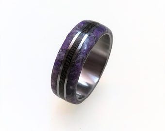 Custom Titanium Wedding Ring: Wenge Wood & Amethyst Inlay