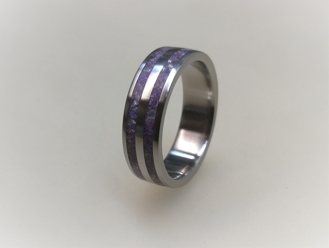 Titanium Ring With Crushed Amethyst Inlay, Purple Amethyst Ring ...