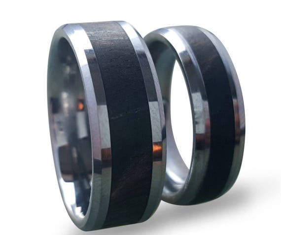 Black tungsten carbide ring with an ebony wood inlay deals