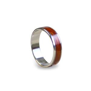 Handmade Stainless Steel Ring: Mahogany Wood Inlay Wedding Band