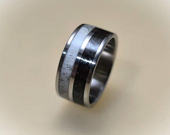 Titanium Wedding Ring: Deer Antler & Dinosaur Fossil Inlay, Men's and Women's Engament Ring