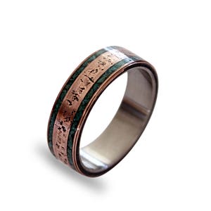 Unique Titanium Wedding Band with Patina Copper and Turquoise Inlays, Copper Ring, Mens Engagement Ring, Rustic Ring, Mens Ring
