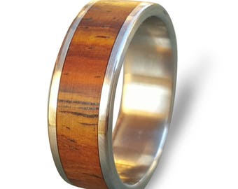 Stainless Steel Ring with Cocobolo Wood Inlay, Wooden Band, Wood Ring, Mens Wedding Band, Womens Ring, Steel Ring