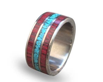 Titanium Wedding Band with Amaranth Wood and Turquoise Inlay, Wooden Ring, Wood Ring, Turquoise Ring, Mens Engagement Ring, Womens Ring