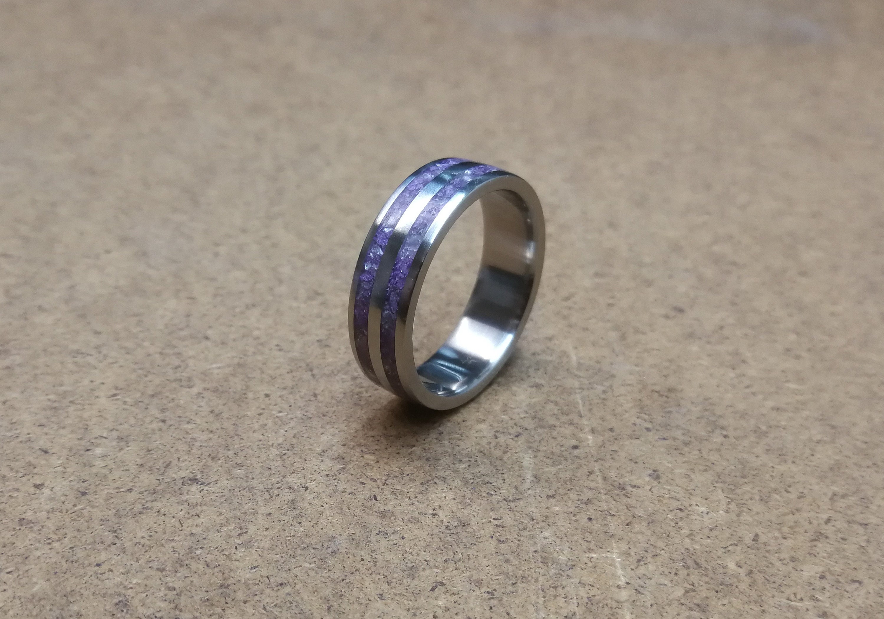 Titanium Ring with Crushed Amethyst Inlay Purple Amethyst | Etsy