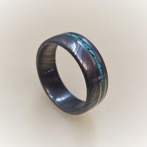 Damascus Wedding Band With Titanium and Turquoise Inlay, Damascus Steel ...