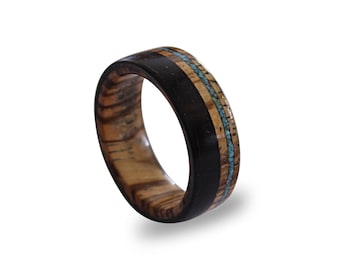 Handcrafted Zebrano Wood Ring with Turquoise Inlay, Ebony Wood Band (8mm)