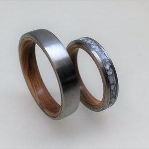 Titanium Wedding Band Set Olive Wood & Crushed Shell Wedding - Etsy