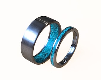 Set Di 2 Anelli Unisex In Titanio Con Intarsio Meteorite E Turchese - Foto 3