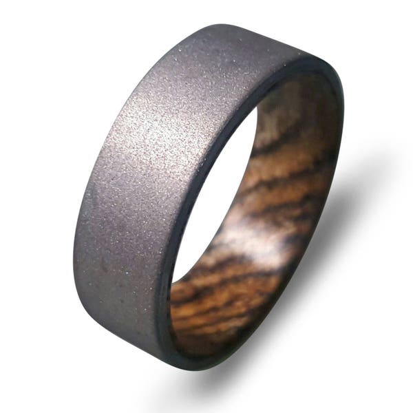 Sand Blasted Titanium Ring with Zebrano Wood Inner Inlay, Wood Ring, Titanium Band, Sand Blasted Finish, Mens Ring, Womens Ring, Matte Ring