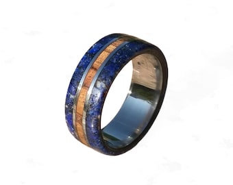 Handcrafted Titanium Ring: Zebrano Wood & Lapis Lazuli Inlay