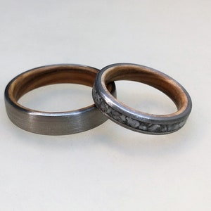 Titanium Wedding Band Set, Olive Wood & Crushed Shell Wedding Rings with Brashed Finish , Mens Wedding Band, Womens Ring, Engagement Ring 画像 5