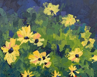 Golden Light, Black Eyed Susan Art Print, Original Oil Painting Reproduction, Yellow Daisy Flowers, Cottage Garden Decor