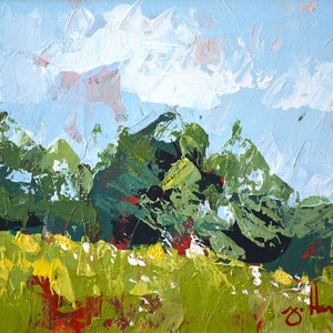 May include: Impasto oil painting of a landscape with a bright blue sky and fluffy white clouds. The foreground features a field of yellow and green, with a line of green trees in the middle ground. The artwork has a textured, painterly style.