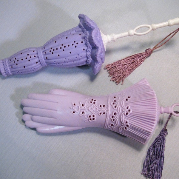 Avon Pomander Set of Victorian Style Scent Diffusers - Purple Umbrella and Glove - Vintage 1970's Plastic Refillable Pomanders for Closet