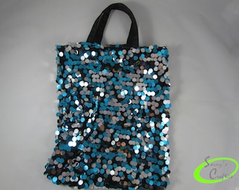 Turquoise and Silver Sequin Tote Bag - Turquoise Sequins - Silver Sequins - Sequin Purse - Lined Bag - B02002