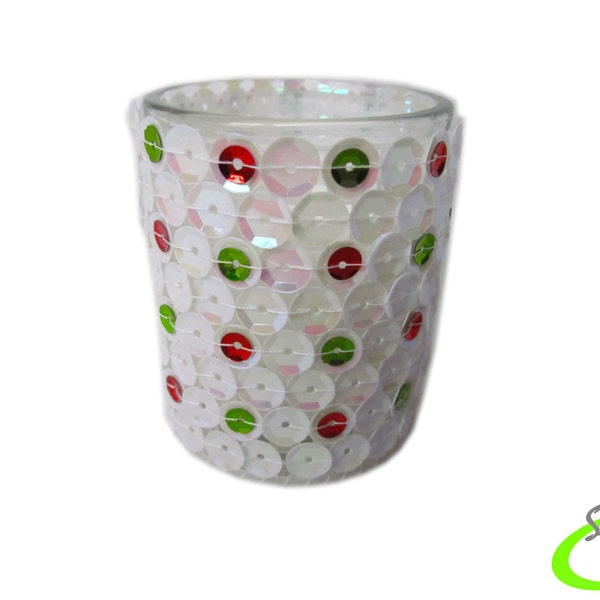 Votive Candle Cover - Sequin Candle Sleeve - Red, Green, and White - Christmas Decor - C03034