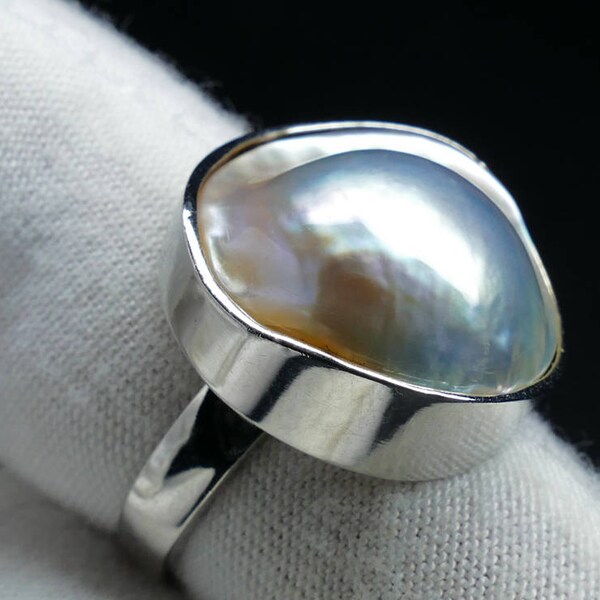 Mabe Pearl Sterling Silver 925 Ring - Iridescent Mabe Pearl Ring - US Size 7 - Women's Statement Rings - Handmade In Greece