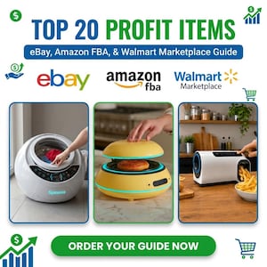 May include: A guide titled TOP 20 PROFIT ITEMS for eBay, Amazon FBA, and Walmart Marketplace. It features three images: a white Spinova spherical washing machine, a yellow circular food maker, and a white appliance dispensing french fries.