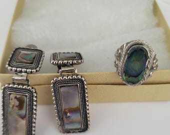 Vintage Mexican Abalone Shell Earrings and Ring Set – Iridescent Inlay Jewelry