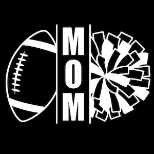 May include: A white graphic design on a black background featuring a football on the left, the word MOM written vertically in the center, and a cheerleader pom-pom on the right. The design uses clean lines and high contrast for clear visibility.