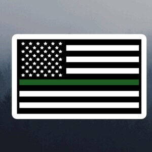 May include: A black and white American flag with a green stripe across the middle. The flag is surrounded by a white border.