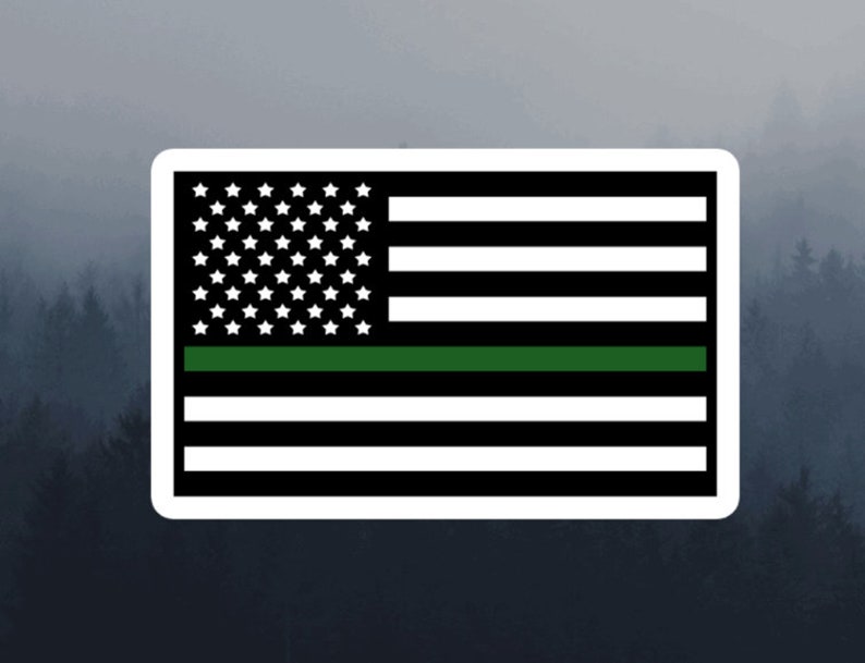 May include: A black and white American flag with a green stripe across the middle. The flag is surrounded by a white border.