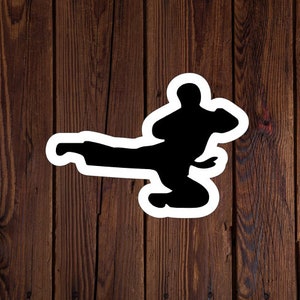 May include: Silhouette of a person in a martial arts pose, kicking with their right leg, against a woodgrain background.