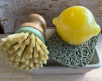 Kitchen Love Gift Set with Coconut Unscented Dish Soap, Lemon Argentine Hand Soap, Bamboo Dish Brush with Soap holder
